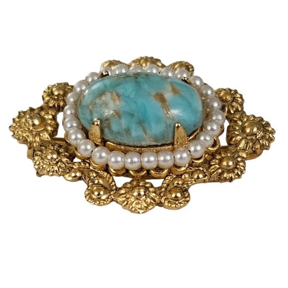 Gold Tone Mottled Blue Oval Glass Faux Pearl Oval Vintage Filigree Brooch L213 - Picture 2 of 9